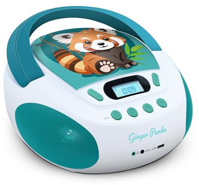 MOOOV 477414 Lecteur CD Enfant Panda Roux MP3 et Port USB - AUX-in - Prise Casque - Poste Portable avec Poignée de Transport - Alimentation Secteur ou Piles - Vert et Blanc