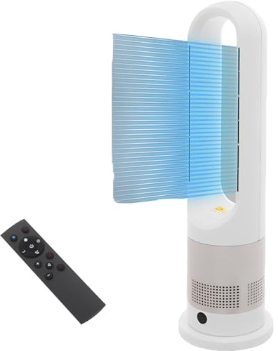 Ventilator Leise, Turmventilator mit Kühlen und Heizen, Stand Ventilator mit Fernbedienung, 8 Geschwindigkeiten, 9h Timer, 80°-Oszillationsfunktion, LED-Display, HxT: 67 x 18,5 (Weiß, Roségold)
