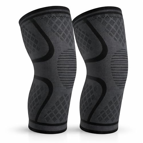 SharkGear Knee Support Brace 2 Pack - Compression Knee Sleeves for Joint Pain, Ligament Injury, Meniscus Tear, ACL, MCL, Tendonitis, Running, Squats, Sports (2, Black/Grey, L)