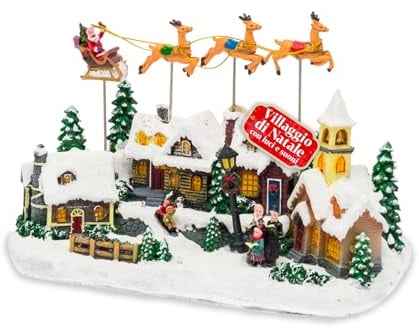 Avilia – Villaggio di Natale Frostvale Animato con Slitta in Movimento, Luci LED Calde e Musica Natalizia, Decorazione Dipinta a Mano con Cavo USB e Dettagli Realistici per Casa o Regalo Festivo