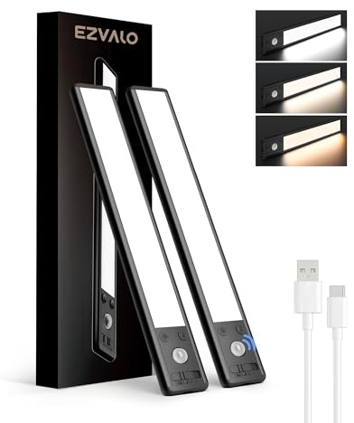 EZVALO Under Cabinet Kitchen Lights, Motion Sensor Lights Indoor 2-Pack | 3 Colour Dimmable 62 LED 2400 mAh Rechargeable LED Lights for Cupboard, Kitchen, Wardrobe, Hallway (20.5cm)