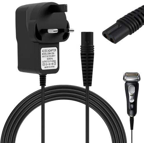 12V Charger Cable for Braun Shaver Series 9/7/5/3/1 Beard Trimmer | for Epilator Silk-Epil 9, 7, 5, Electric Razor 3 Pin Charging Cable UK Plug for 5544, 3040S, 5409, 7220, 5377
