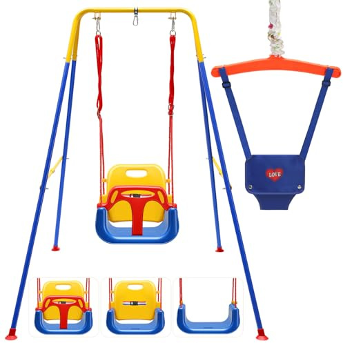 Ollewiellan Babyschaukel & türhopser Baby 4-in-1 Set mit Gestell - Kinderschaukel, Baby Jumper mit Sicherheitsgurt, klappbar & 4 Sandsäcken - Für Drinnen & Draußen, einfach zu montieren