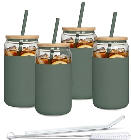 Aquafloow Trinkglas mit Strohhalm und Deckel 500ml | Gläser mit Silikonhülle | Trinkgläser set inclus 2x Strohhalme und 1x Reinigungsstab | für Tee, Smoothie Kaffee-4 Stück- Grün