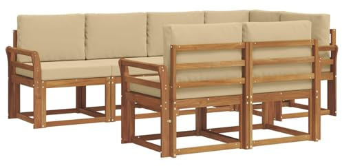 vidaXL Outdoor-Sofagarnitur mit Kissen 7 pcs Natur und Beige, Garten Lounge Set, modernes Outdoor-Sofa, Bequeme Gartenmöbel, massives Holz-Sofa, vielseitige Garten-Couch