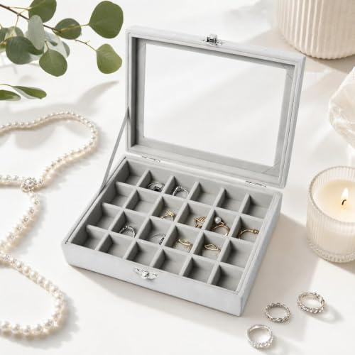 HAOXIZI 24 Grids Earring Storage Organiser, Velvet Earring Organiser Box with High Transparency Glass Lid, Detachable Jewelry Showcase Box, for Rings, Earrings, Charms, Pendants, Grey