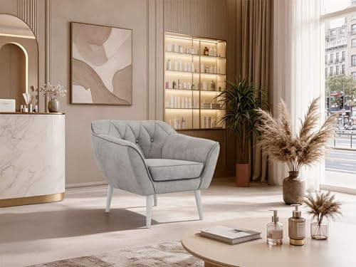 MKS MEBLE Sofa PIRS 1-Sitzer - Skandinavisches Design Couch, Gesteppte Polsterung, Wellenfederung, bequemes Polstersofa für Wohnzimmer - Weiße Beine, Hellgrau Velvet