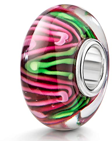 MATERIA by Matthias Wagner Glas Bead rot Linien rosa grün - Glasperle Zick-Zack Muster Anhänger für Armband / Kette 1660