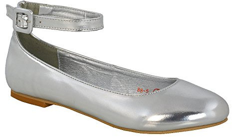 Womens Flat Ankle Strap Ballet Pumps Ladies Ballerina Party Bridal Smart Shoes Shoes 3-8 Silver Metallic