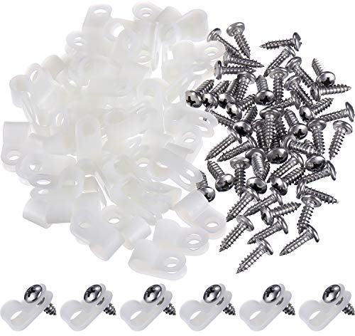 Hicarer 50 Pack R-Type Cable Clip Wire Clamp, Nylon Screw Mounting Cord Fastener Clips with 50 Pack Screws for Wire Management (1/4 Inch)