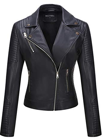BELLIVERA Damen Kunstleder Jacke PU Frühling Herbst Bekleidung Kurz Moto Biker Mantel mit Taschen 53 Schwarz M