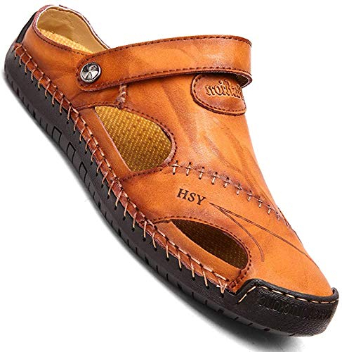 GSNOW Sandales d'été en cuir pour homme - Sandales romaines classiques - Marron clair - 46 EU, marron clair, 43 1/3 EU