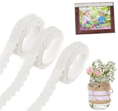 LYTIVAGEN 3 Rollen Spitzenband Weiß Vintage Band Spitzenborte Selbstklebend Spitze Dekoband Spitzenbordüre für Hochzeit, Party, Ostern, Weihnachten, Tischdeko, Handwerk, 1,5cmx2 Yard