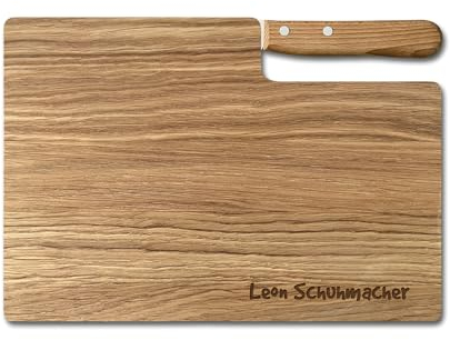 LOOXIS Personalisiertes Premium Frühstücksbrettchen mit Buckelsmesser, Wunsch-Name oder Text graviert – Geschenk-Idee für Frauen und Männer – Eichen-Holz, Schneide- Vesperbrett, 26x15cm