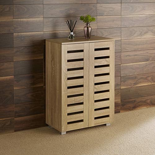 Home Source 2 Door Wooden Shoe Storage Cabinet Rack Stand Slatted Cupboard, MDF, Oak Effect