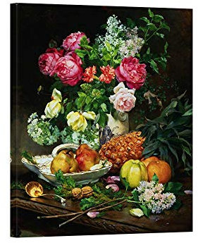 DìMò ART Stretched Canvas Prints (Ready to Hang) Anonymous Painting of Roses in a Vase, Pears in a Porcelain Bowl size 40x30 CM (15,75x11,81 inches)