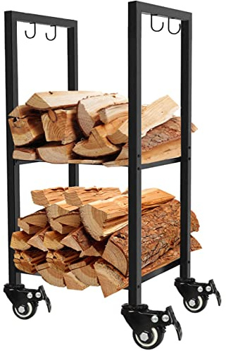 Koutemie 2 Tiers Small Firewood Log Storage Rack Holder with Wheels for Indoor Fireplace or Outdoor Patio, Black