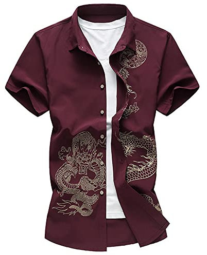 Pajiay Freizeithemd Herren Kurzarm Sommer Basic Atmungsaktiv Herren Hemd Atmungsaktiv Knopfleiste Kent-Kragen Herren Strandhemd Mode Stickerei Herren Business Hemd K-Wine Red2 7XL