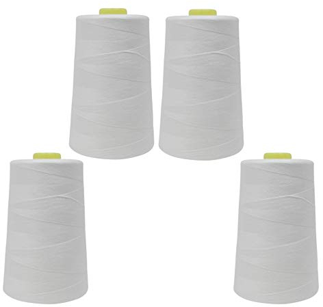 Overlockgarn für Overlock Nähmaschinen - 5000 yard = ca. 4570 m pro Kone - Garnstärke 40/2 aus 100% Polyester (Weiß, 4 Konen)