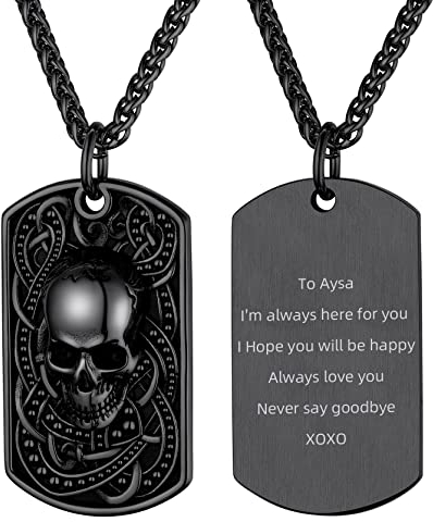 GoldChic Benutzerdefinierter Totenkopf Schädel Anhänger mit Wunsch Gravur Edelstahl Militärischer Totenkopf Skull Anhänger Gotik Retro Stil Totenkopf Dog Tag Kette in Schwarz mit 55cm+5cm Kette