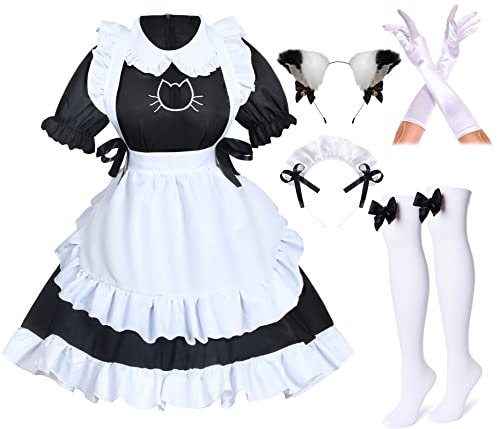Wannsee Set composto da grembiule, travestimento da cameriera francese, per travestimenti, cosplay, copricapo, guanti,, Nero , M