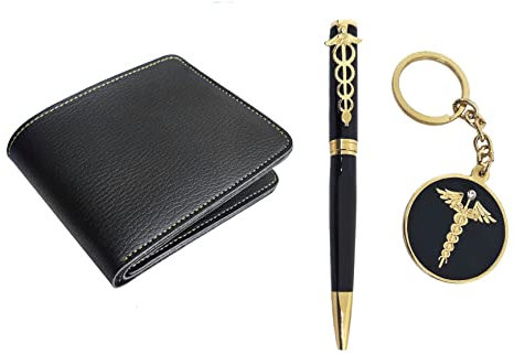 The Bling Stores Portefeuille en cuir synthétique véritable et stylo caducée avec porte-clés pour homme/cadeau parfait pour un anniversaire, la Saint-Valentin pour homme/disponible en noir, bleu,