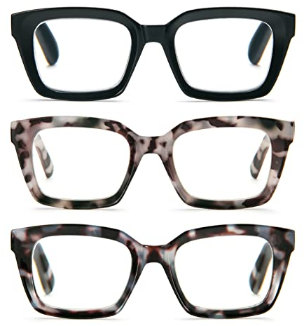 MMOWW 3er-Pack übergroße Lesebrillen für Frauen – Anti-Blaulicht-Brille mit quadratischem Rahmen (Schwarz + Blau Grau Schildpatt+Braun Grau Schildpatt, 2.0)