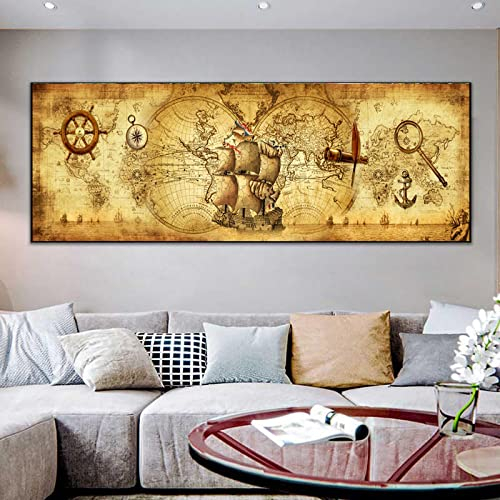 Bild auf Leinwand XXL Weltkarte Retro Alte Bilder Leinwand Gemälde Für Wohnzimmer Drucke Home Wanddekoration Poster 40x120 cm Rahmenlos