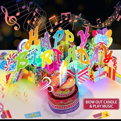 3D Pop Up Birthday Card with Music and Blowable LED Candle - Magic Blow-Out Greeting Card for Women, Men, Kids - Fits Any Age 1-100 Milestone Birthday Celebration Gifts Decorations for Women, Men, Mom, Wife, Husband, Boy, Girl