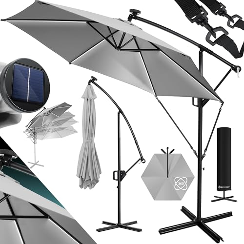 KESSER® Parasol en aluminium avec LED dispositif à manivelle, Protection UV, Aluminium, Tissu hydrofuge | Ombrelle | Protection solaire | Parasol de jardin | Parasol de marché |, 300cm, Gris clair