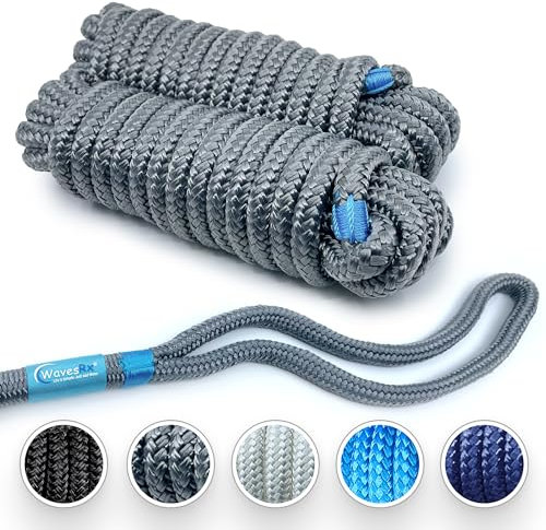 WAVESRX 3/8' x 15' (2PK) Premium Dock Lines for PWC, Sailboats & Pontoon - Double Braided Nylon Boat Ropes with Loop Marine Rope - UV & Saltwater Resistant Boat Dock Line