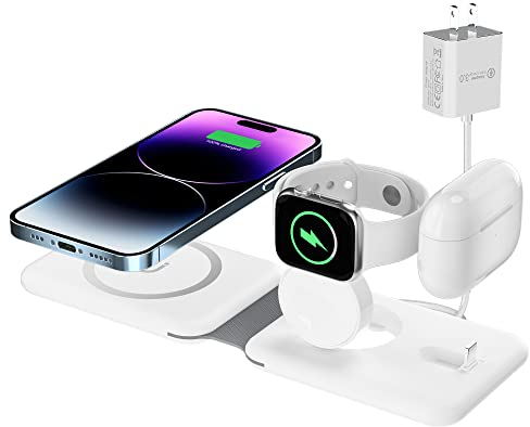 3 in 1 Wireless Charger, Faltbare Magnetische Ladestation, Schnelles Reisen Wireless Charging Pad für Mehrere Apple Geräte, Kompatibel mit iPhone 15/14/13/12/Pro/Max/Plus/Mini, iWatch, Airpods (Weiß)