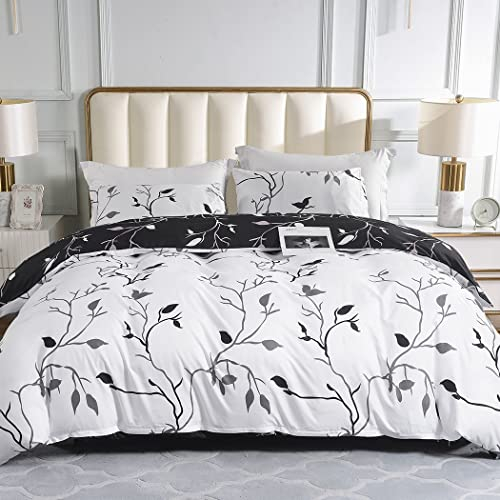 Lekesky Bettwäsche 200x200, Bettwäsche 3teilig Bettbezug, Florales Muster Mikrofaser 200x200 Bettwäsche Set Mikrofaser mit Kopfkissenbezug mit Reißverschluss 80x80cm*2, Zweige Schwarz/Weiß