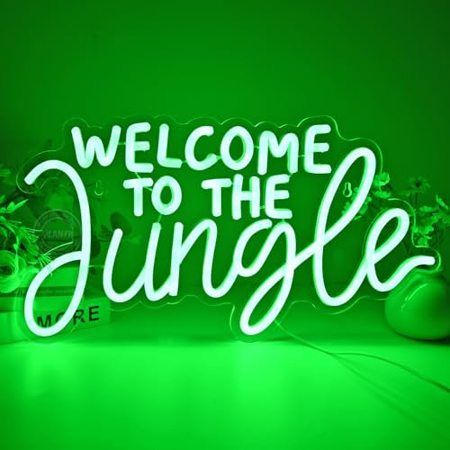 Planzo Welcome to the Jungle Neon Sign Home Wall Decor LED Neon Light Wall Sign for Safari Jungle Themed Party Baby Shower Background Bedroom Wedding Kids Gift USB Powered Dimmer Switch 17 Green