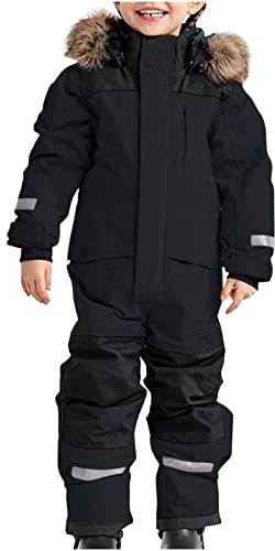 Awrvia Schneeanzug Kinder Warmes Daunenjacke Set Wasserdichter Winter Skijacke Softshell Dickere Skihose Fellkragenkapuze Winddichter Skianzug Reflektierenden Streifen Schneeoverall (120, 02-schwarz)
