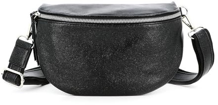 Sac Banane Bandoulière Femme Irisé - Porte Epaule Croisé ou Devant Poitrine Ultra Léger - Brillant Similicuir Souple - Mode et Chic - Noir