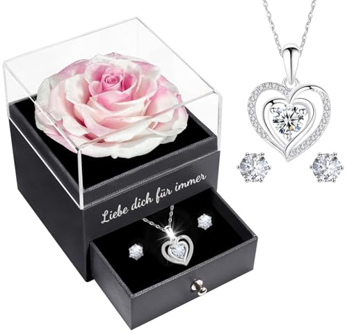 Miofula Ewige Rose Geschenke für Frauen, Konservierte Rosen mit Herz Halskette und Ohrringe aus 925 Sterlingsilber, Rosen Geschenkebox für Mama Frau zum Geburtstag Weihnachten Valentinstag Muttertag