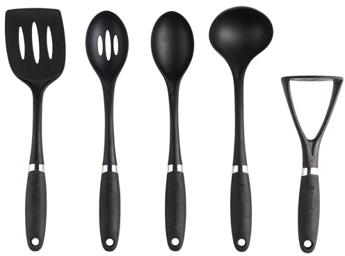Russell Hobbs RH03026EU7 5-teiliges Utensilien-Set – Venus Collection, Masher, Schlitzwender, Schlitzlöffel, Volllöffel, Kelle, Aufhängehaken, Soft-Touch-Griffe, Küchenutensilien Nylon, Schwarz