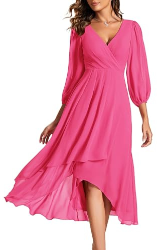 Ever-Pretty Robe de Soirée Femme A Line High Low Col V Manches Longues pour Mariage Chic Rose Rouge 38