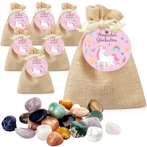 Otuuz 12 Stück Glückssteine für Kinder mit Jutesäckchen Bunte Glücksbringer Steine Magische Steine Party Mitgebsel für Tier Geburtstag Silvester Kinder Kleinigkeiten Geschenke (Einhorn)