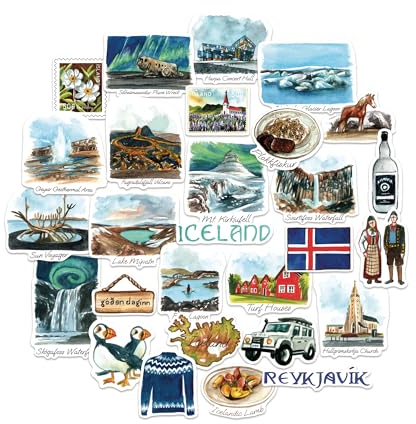 Navy Peony Magische Island Reiseaufkleber (28 Stück) - Aquarell, Skandinavien, Island-Themen Urlaubsaufkleber für Tagebücher, Scrapbooks, Gepäck, Laptop