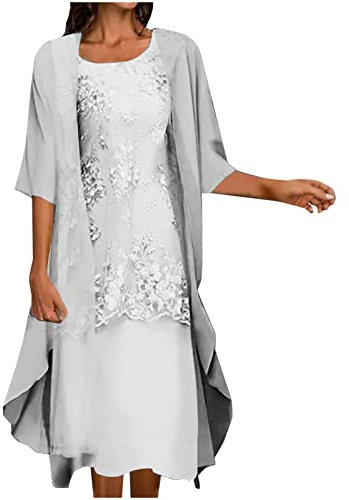 Keepink Mother of The Bride 2 Pieces Outfits - Elegant Lace Hollow Out Long Sleeve Cardigan + Sleeveless Dress - Wedding Guest Dress Sets for Women