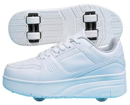 Mateju Schuhe mit Rollen für Jungen Mädchen, Kinder Rollschuhe Schuhe mit 4 Rollen Turnschuhe Versenkbarer, 2-in-1 Roller Schuhe Turnschuhe Skateboardschuhe 38 EU Weiß