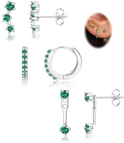 Morfetto Ohrringe Silber 925 Set Für Damen - Hypoallergen Piercing Ohr Creolen Gold Kleine Ohrstecker Silber 925 Stapelbar CZ Ohrstecker Ohrringe Helix Piercings Für Mehrere Ohrlöcher,Grün CZ