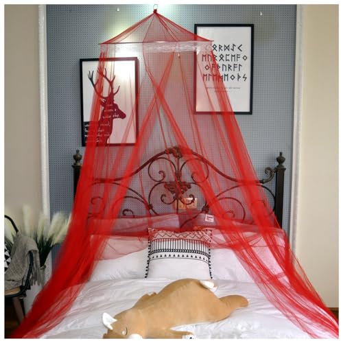 Wisafory Moskitonetz Bett Spitzen Betthimmel Kuppelnetz Moskitonetze Vorhänge Mückennetz Bett Baldachin Vorhang Insektenschutz Moskitonetz für Hängematte Zuhause Camping Reisen Rot XXL