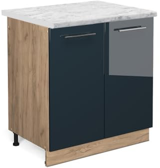 Vicco Spülenunterschrank Fame-Line, Dunkelblau Hochglanz/Goldkraft Eiche, 80 cm, AP Marmor