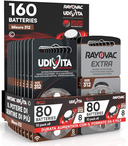 160 Batterie Per Apparecchi Acustici Auricolari Misura 312 PR41 (Marroni) 20 Blister da 8 Pile Tecnologia Sound Fusion - 160 Pile: 80 Rayovac + 80 Udivita