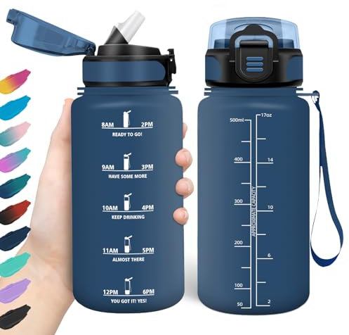 HoneyHolly Trinkflasche 500ml, Auslaufsicher, Wasserflasche BPA-Frei, Motivierende mit Zeitmarkierung, Trinkflasche mit Strohhalm, Trinkflasche Sport für Kinder, Fahrrad, Fitness, Schule, Büro