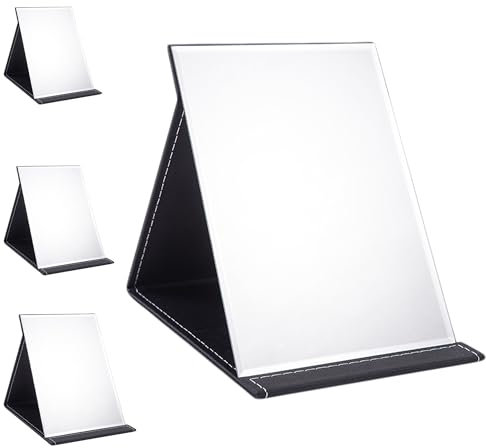 MAEXUS Reisespiegel Klappbar,21 * 15cm,Schminkspiegel Klappbar,Tischspiegel mit Mehrfach-Standwinkel,Schwarz PU-Leder,Schminkspiegel Klein,Super HD Kosmetikspiegel,Make Up Spiegel (M)