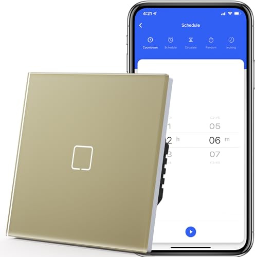 MVAVA Interrupteur Tactile Connecté Intelligent, WiFi Interrupteur de Verre Compatible avec Alexa/Google Home, Ligne neutre nécessite, 86MM, 1 Gang 1 Way, Or